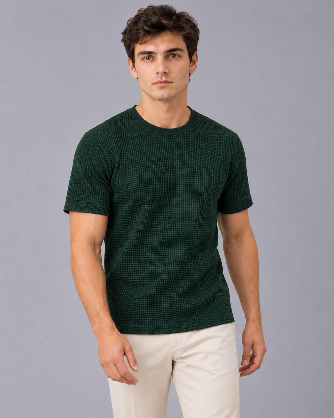 Men's Textured T-Shirt – Raised Basket-Weave Texture, Crew Neck, Short Sleeve