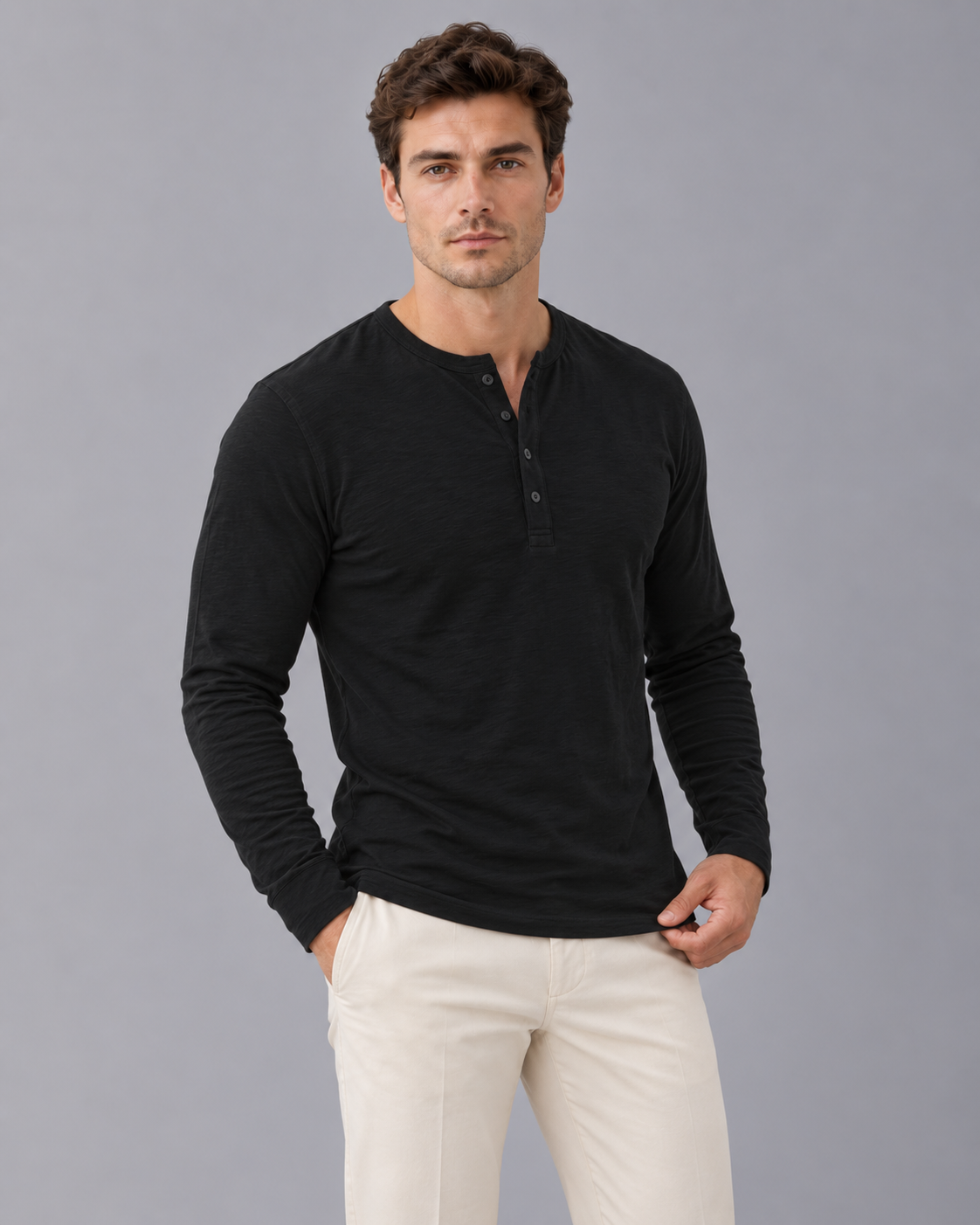 Men's Long Sleeve Henley Top in Cotton Blend – Slub Texture, Button Placket, Slim Fit