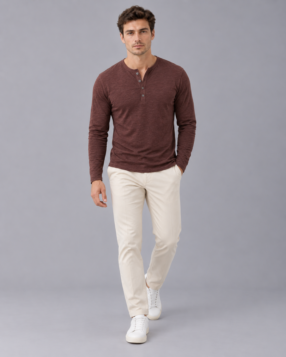 Men's Long Sleeve Henley Top in Cotton Blend – Slub Texture, Button Placket, Slim Fit