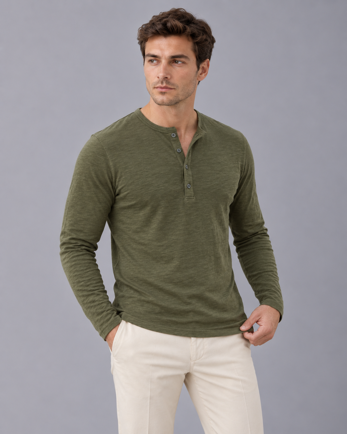 Men's Long Sleeve Henley Top in Cotton Blend – Slub Texture, Button Placket, Slim Fit