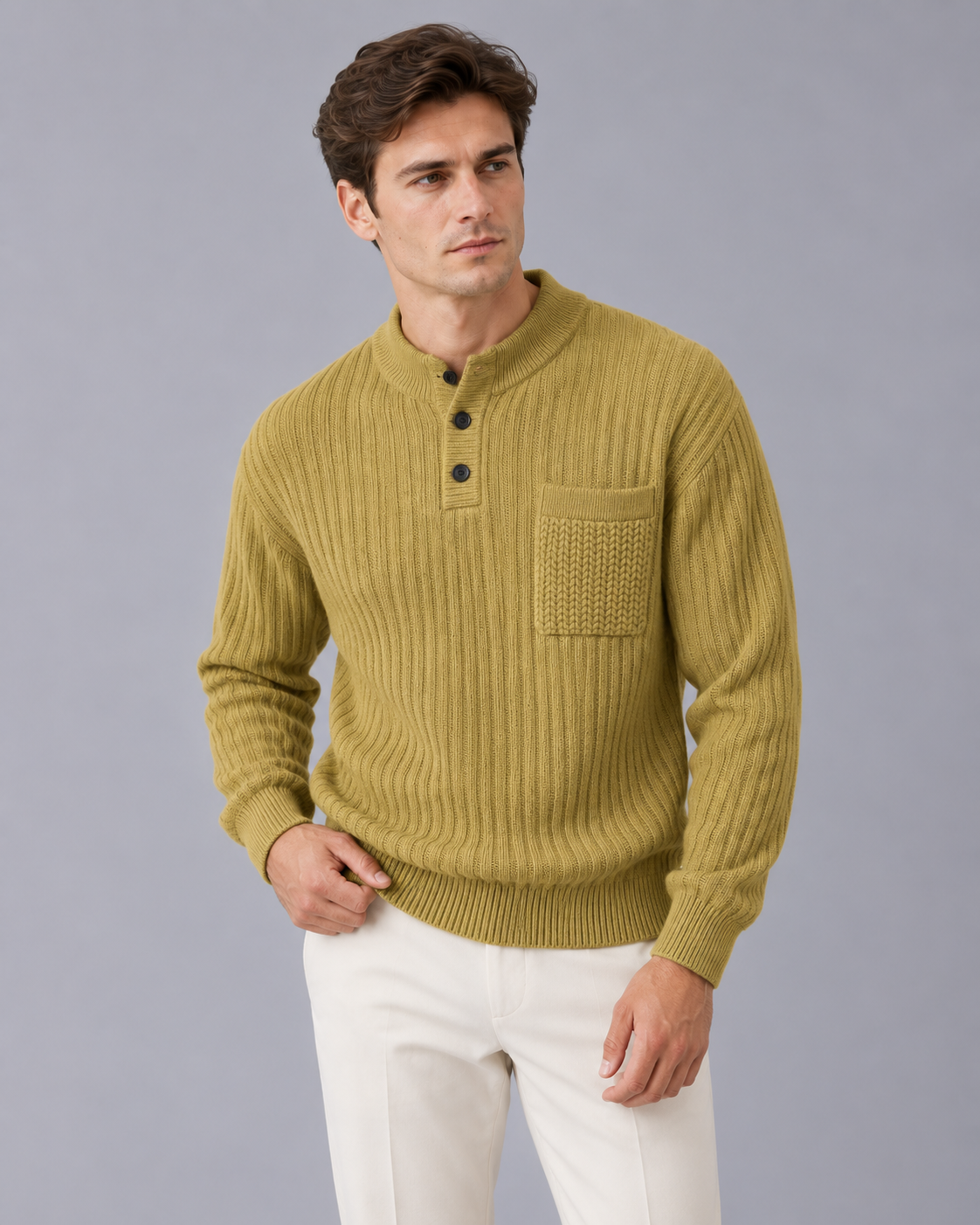 Men's Henley Jumper – Ribbed Knit with Button Neck and Chest Pocket, Relaxed Fit