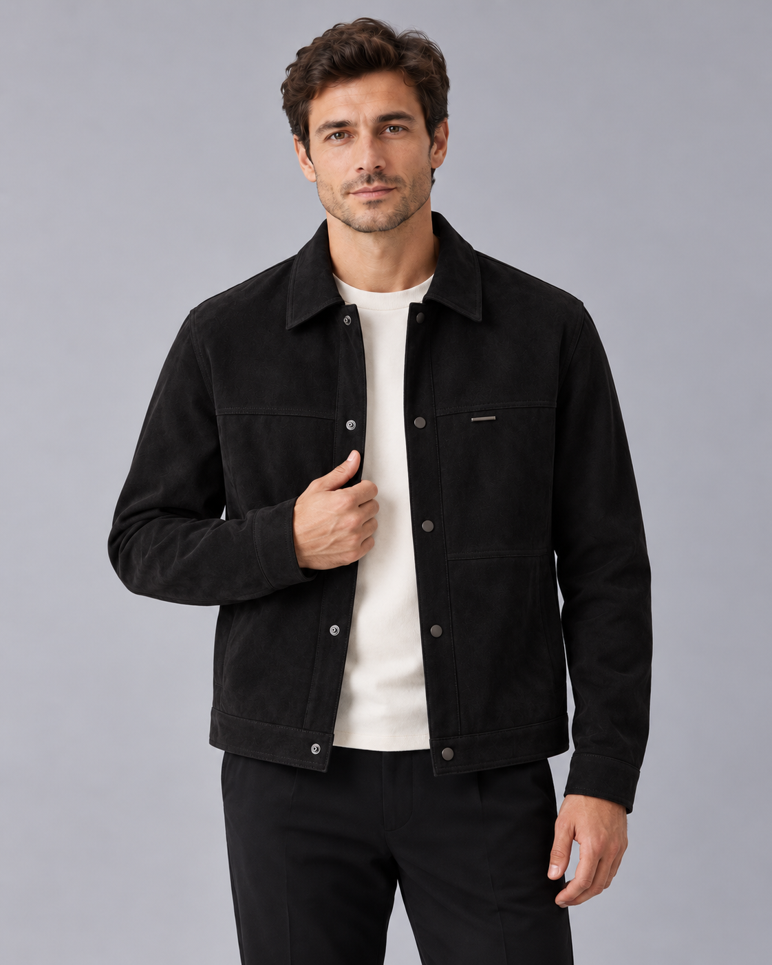 Men's Faux Suede Jacket with Collar – Short Button-Front Jacket with Yoke Seams, Relaxed Fit
