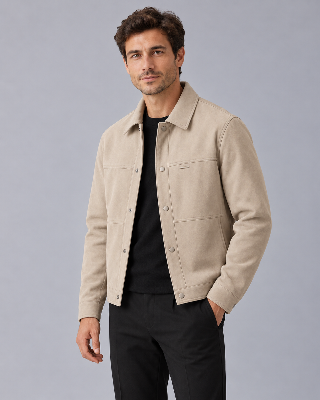 Men's Faux Suede Jacket with Collar – Short Button-Front Jacket with Yoke Seams, Relaxed Fit
