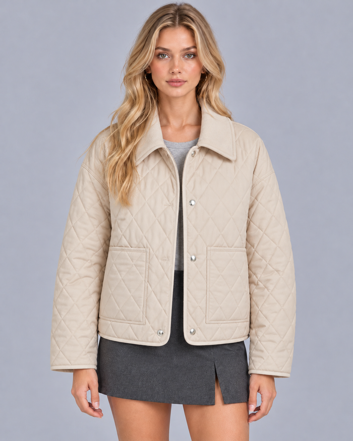 Women's Quilted Jacket with Collar – Lightweight Diamond Quilting, Snap Front, Straight Fit