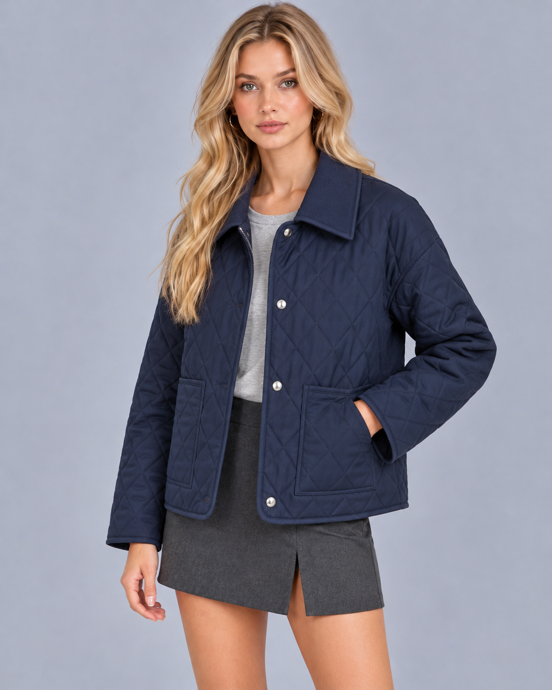 Women's Quilted Jacket with Collar – Lightweight Diamond Quilting, Snap Front, Straight Fit