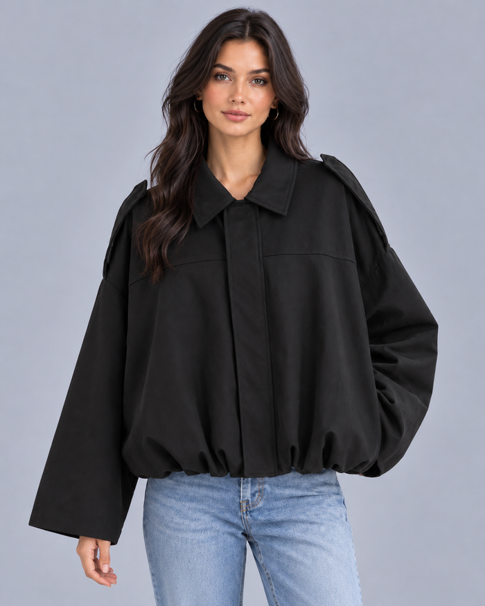 Women's Cropped Bomber Jacket – Oversized Fit, Pointed Collar, Concealed Zip & Gathered Hem