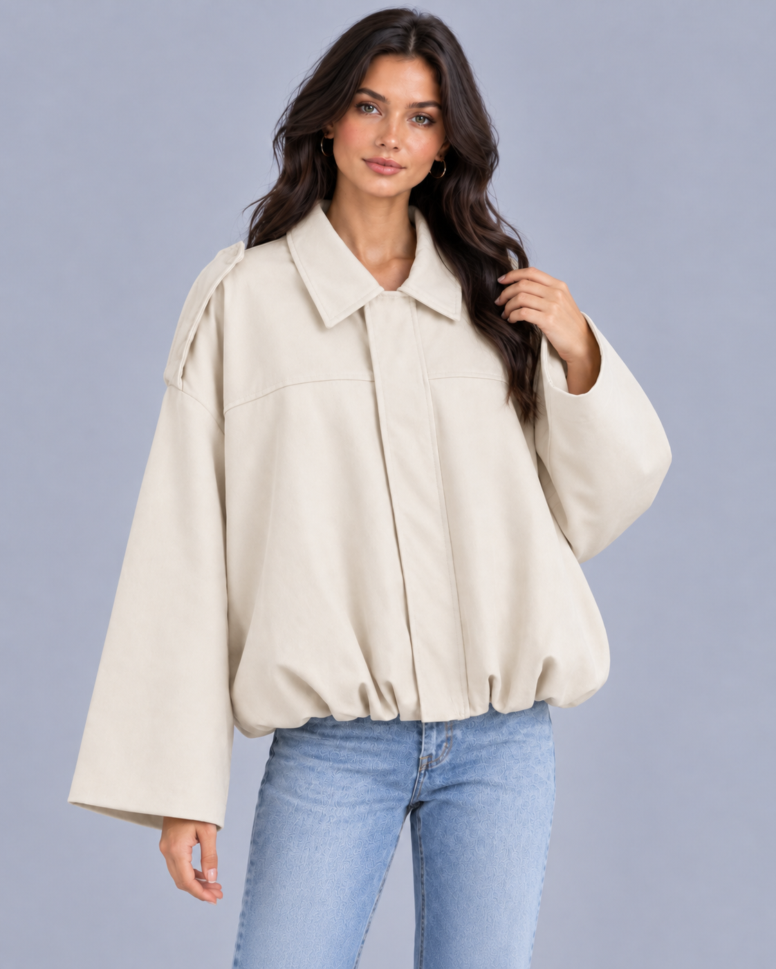 Women's Cropped Bomber Jacket – Oversized Fit, Pointed Collar, Concealed Zip & Gathered Hem