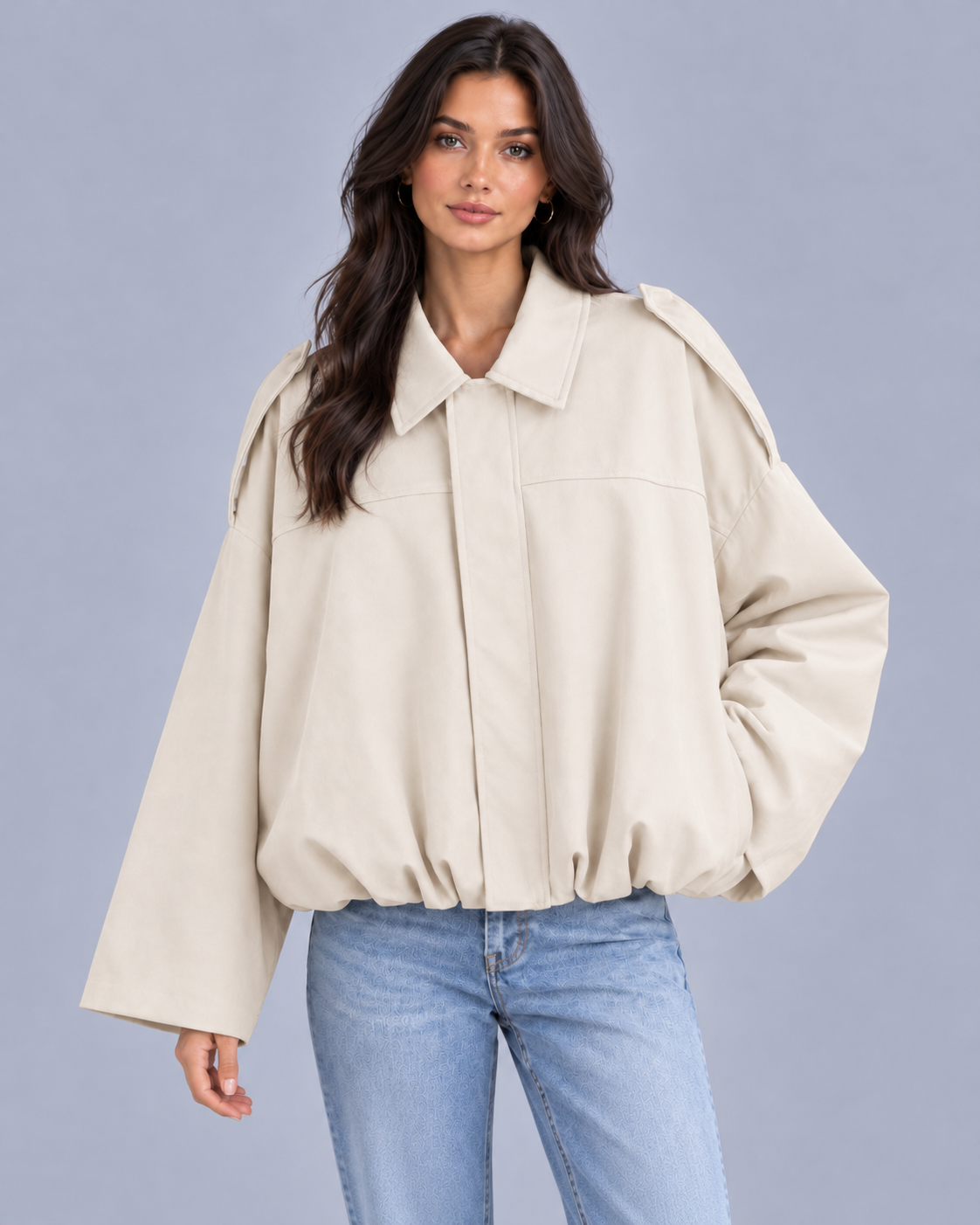 Women's Cropped Bomber Jacket – Oversized Fit, Pointed Collar, Concealed Zip & Gathered Hem
