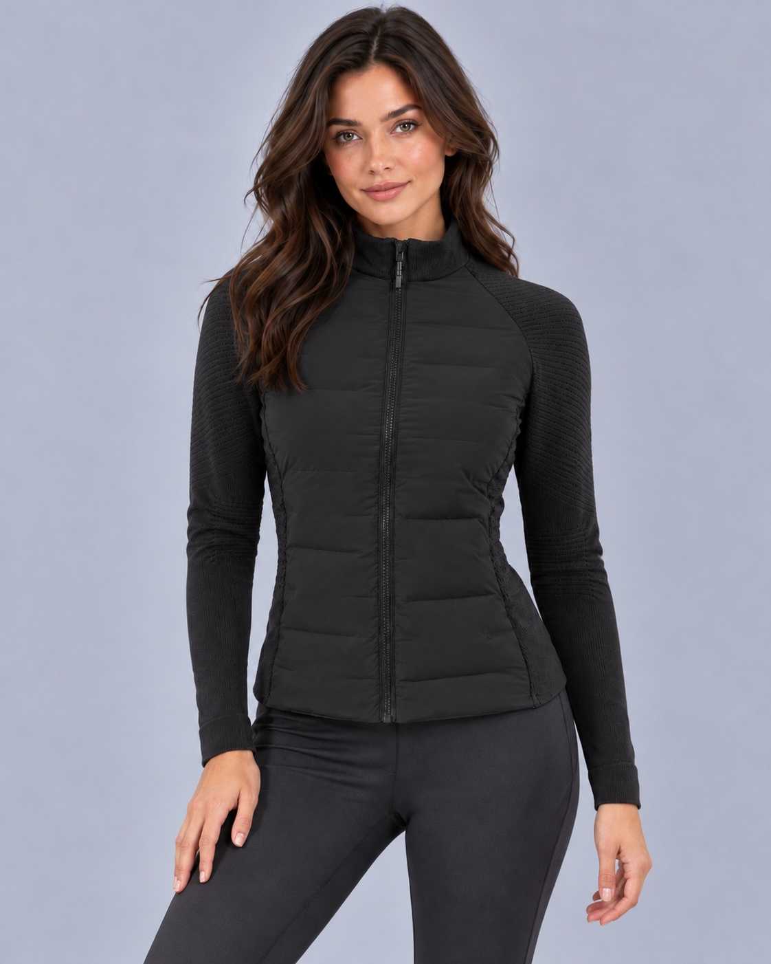 Women's Hybrid Down Jacket – Knit Sleeves, Stand Collar, Full Zip, Fitted Hip Length