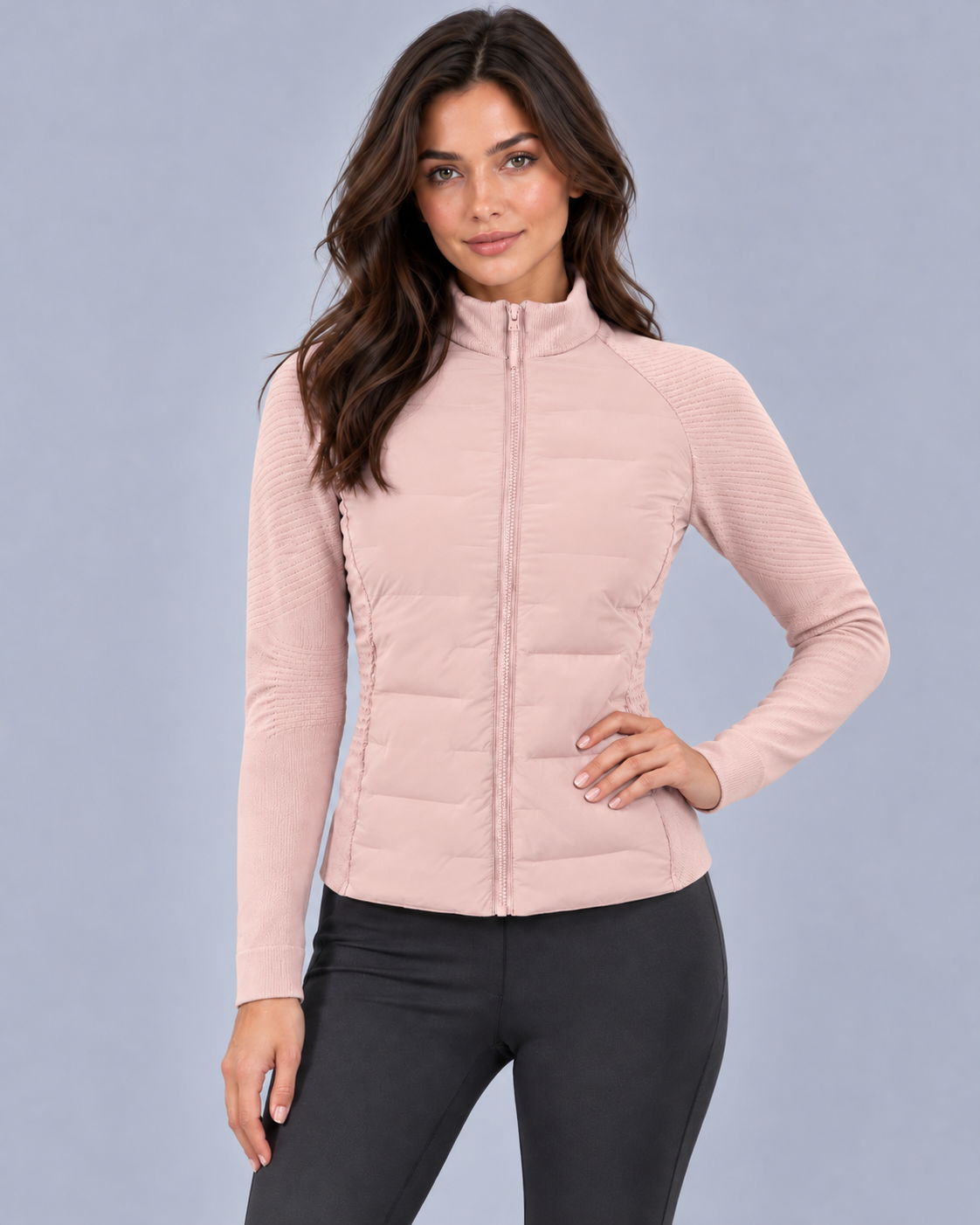 Women's Hybrid Down Jacket – Knit Sleeves, Stand Collar, Full Zip, Fitted Hip Length