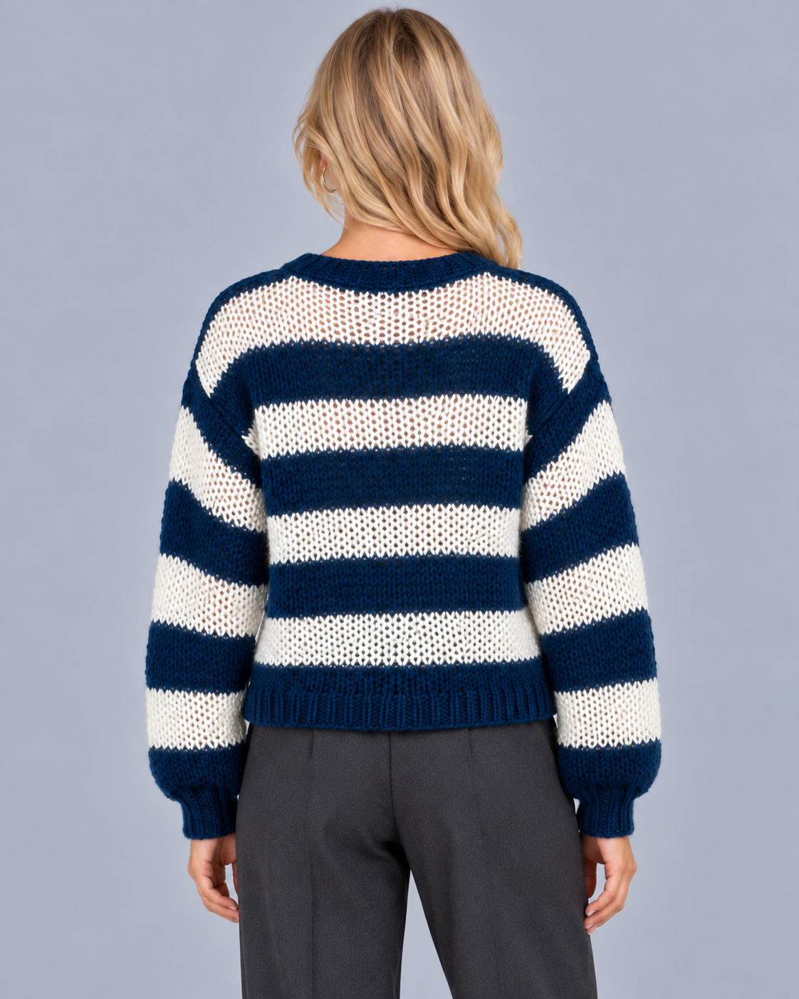 Women's Striped Jumper – Open Knit, Round Neck, Gathered Ribbed Cuffs, Relaxed Fit