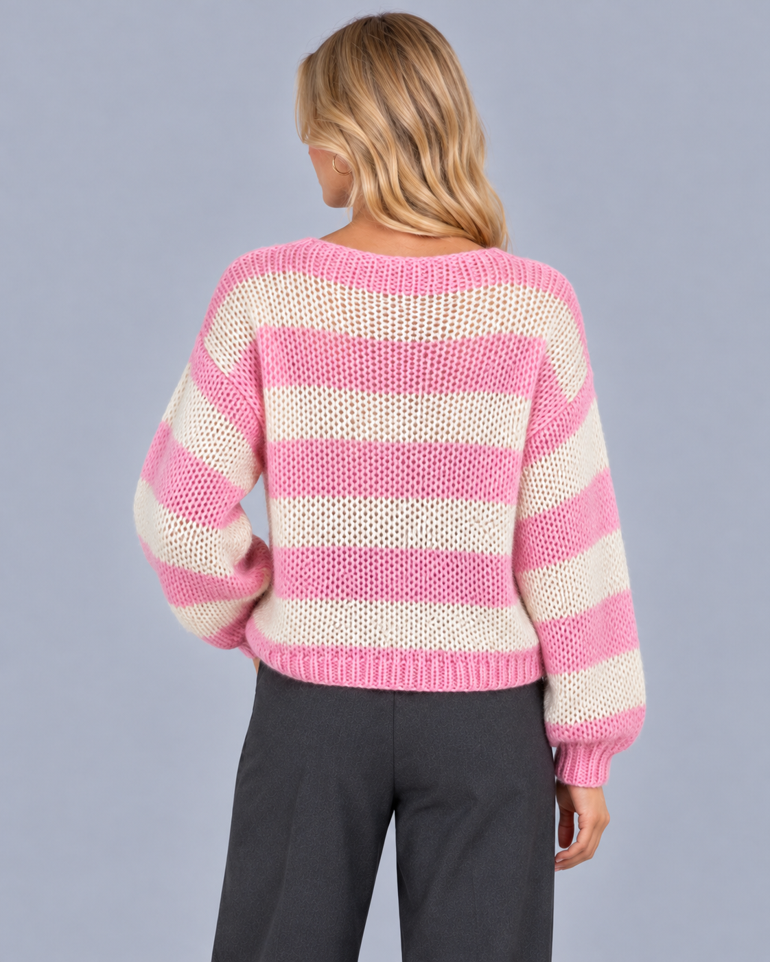 Women's Striped Jumper – Open Knit, Round Neck, Gathered Ribbed Cuffs, Relaxed Fit