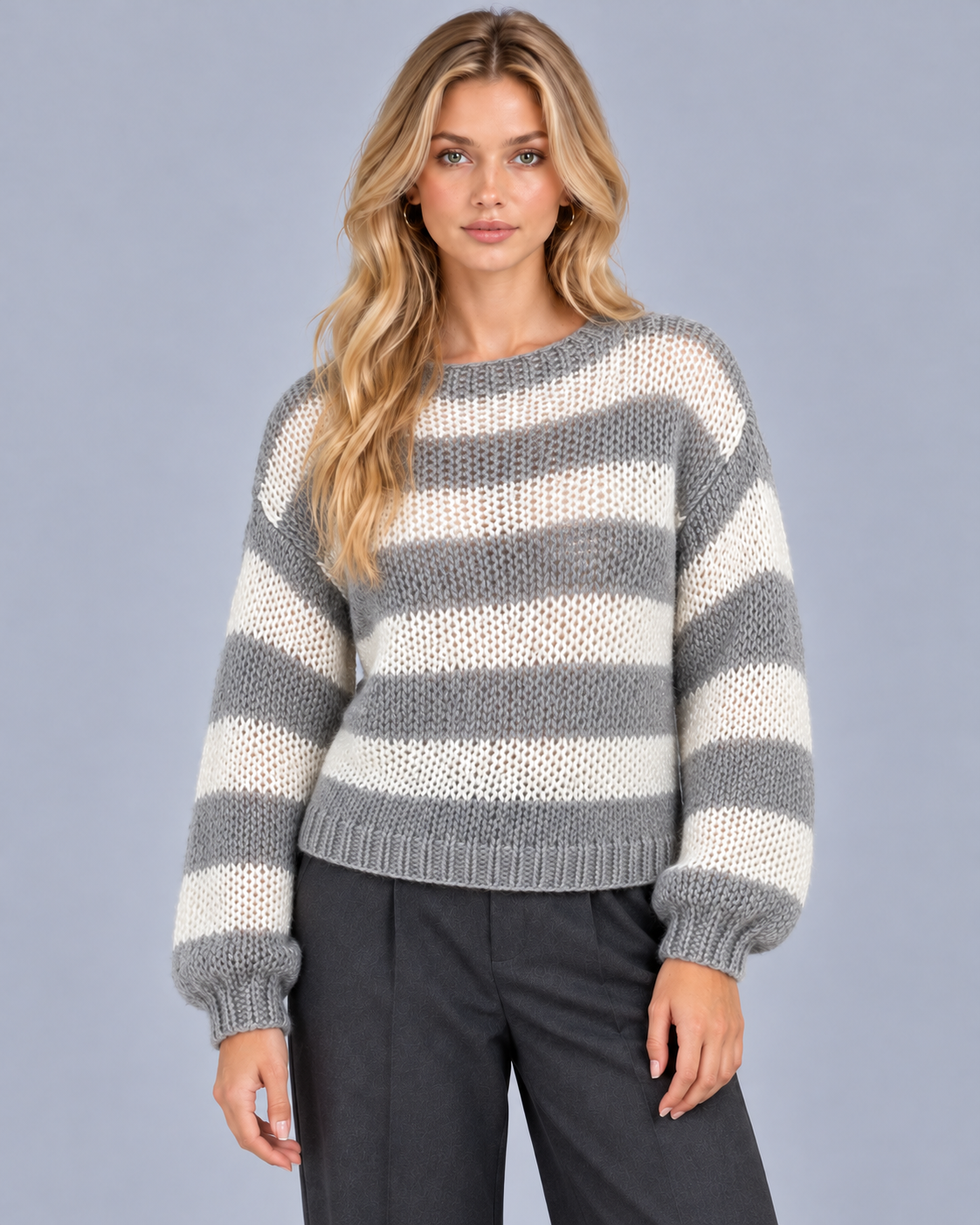 Women's Striped Jumper – Open Knit, Round Neck, Gathered Ribbed Cuffs, Relaxed Fit