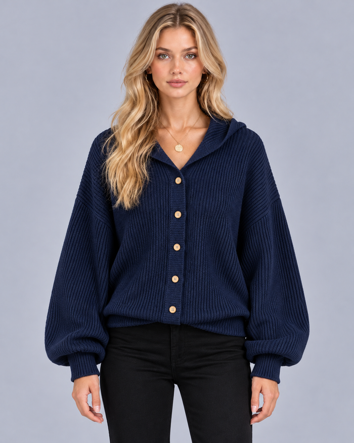 Women's Hooded Cardigan in Cotton-Blend Ribbed Knit – Button Front, Balloon Sleeves
