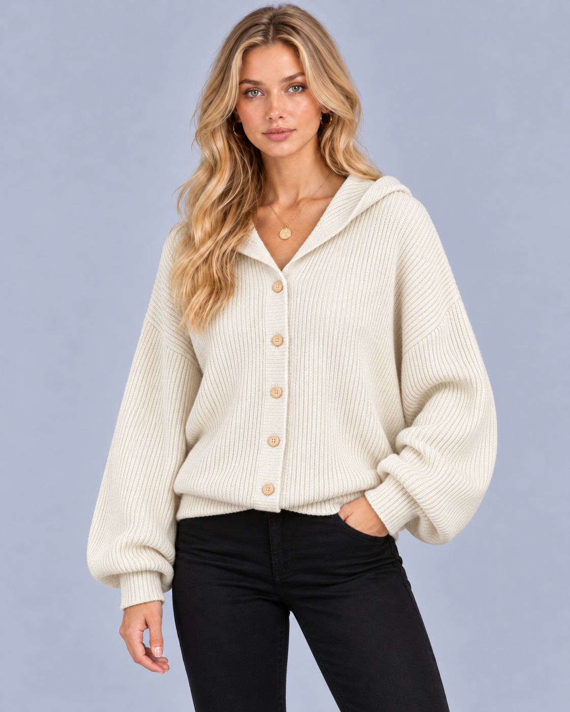 Women's Hooded Cardigan in Cotton-Blend Ribbed Knit – Button Front, Balloon Sleeves