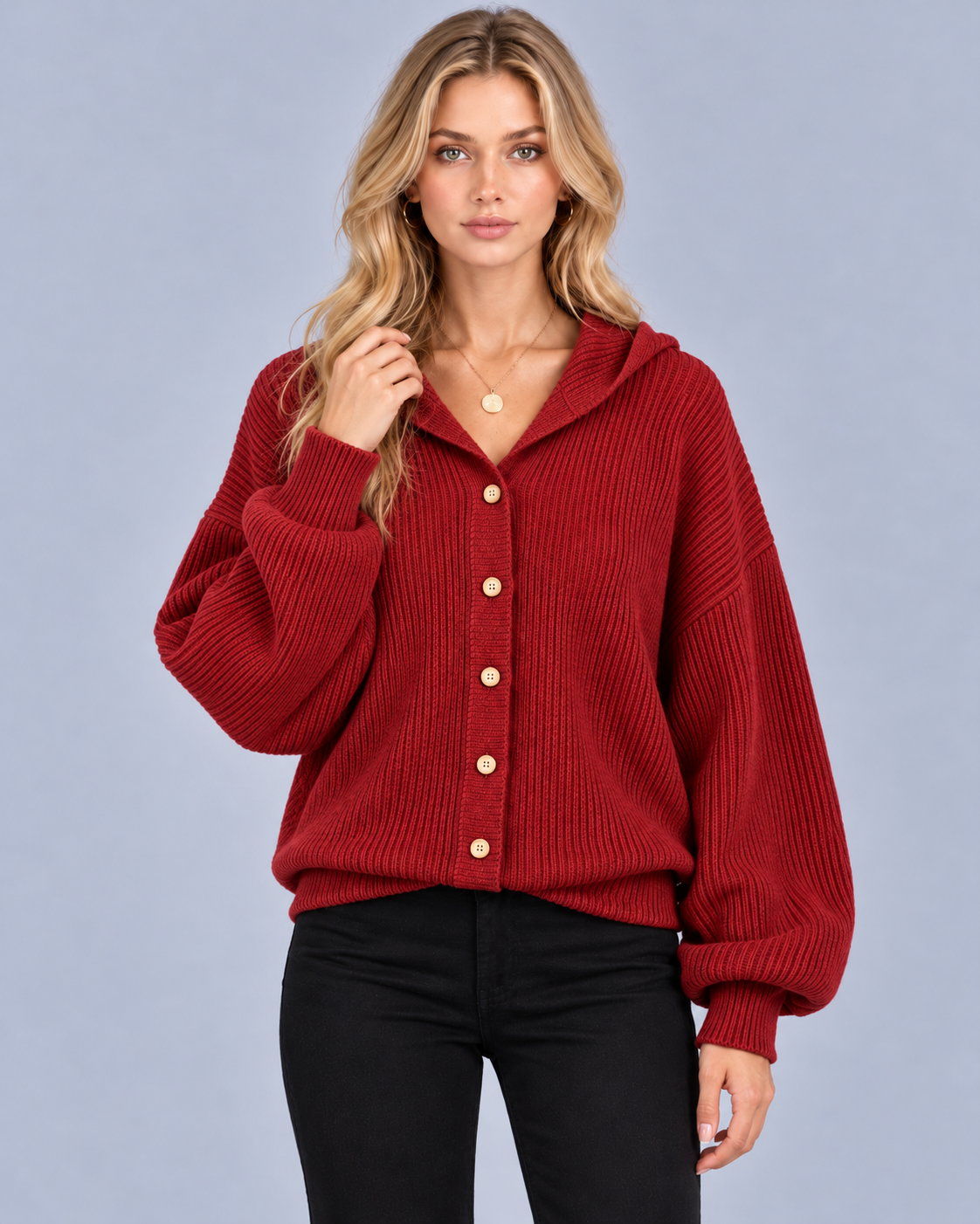 Women's Hooded Cardigan in Cotton-Blend Ribbed Knit – Button Front, Balloon Sleeves