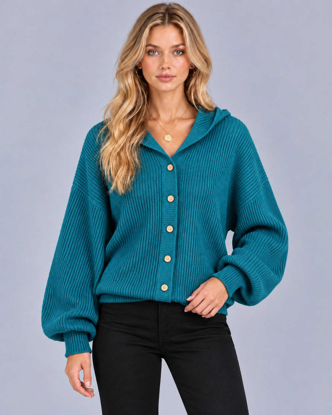 Women's Hooded Cardigan in Cotton-Blend Ribbed Knit – Button Front, Balloon Sleeves