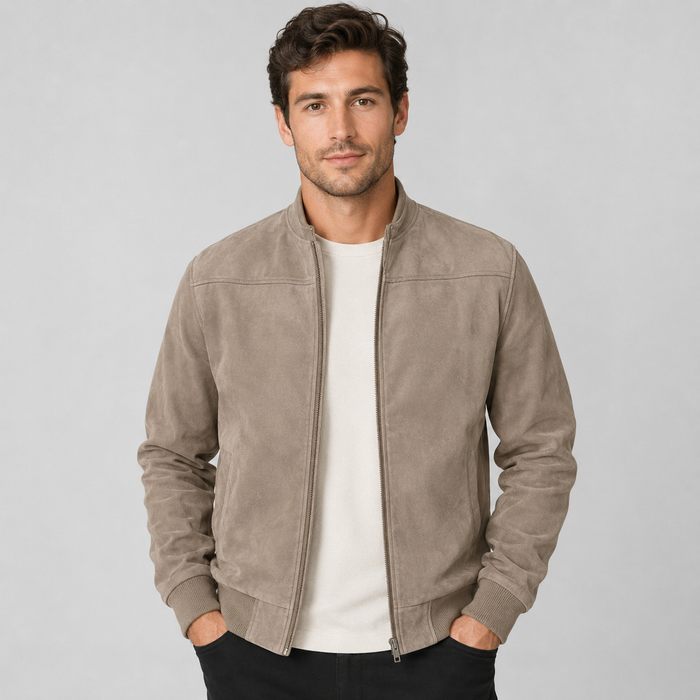 Men's Suede Look Bomber Jacket – Lightweight, Tailored Fit