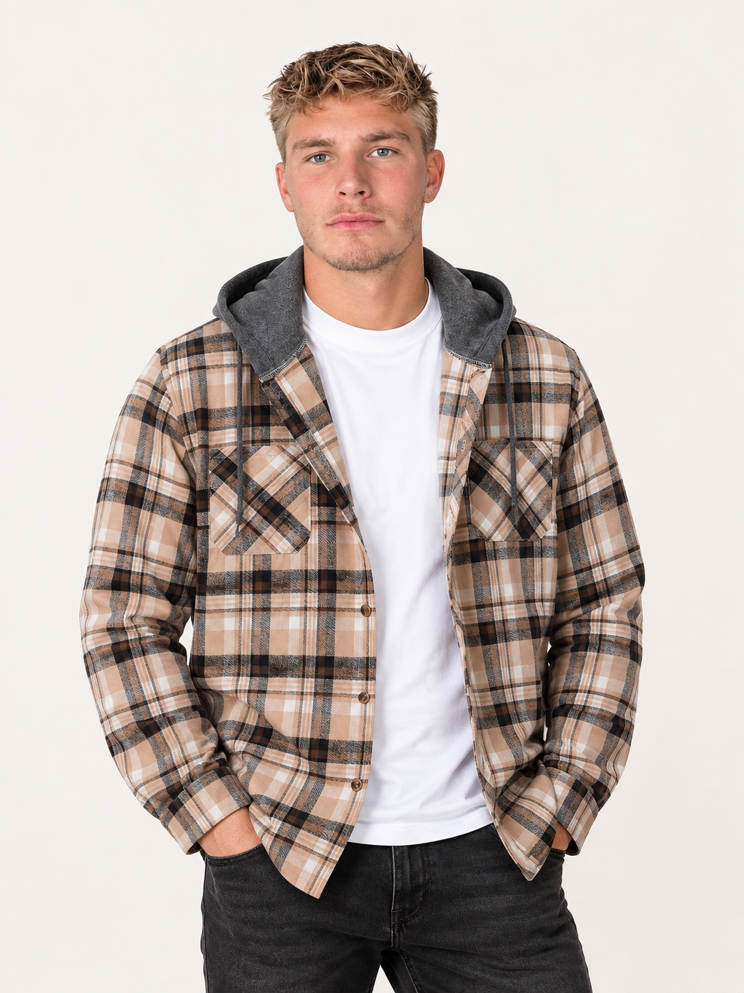 Men's Hooded Flannel Overshirt – Check Shirt Jacket, Regular Fit