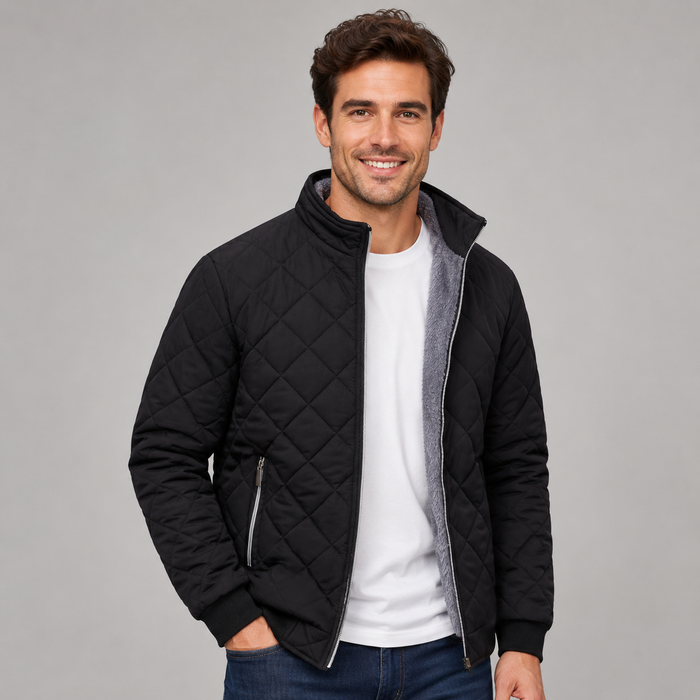 Men's Diamond Quilted Jacket – Stand Collar, Relaxed Fit