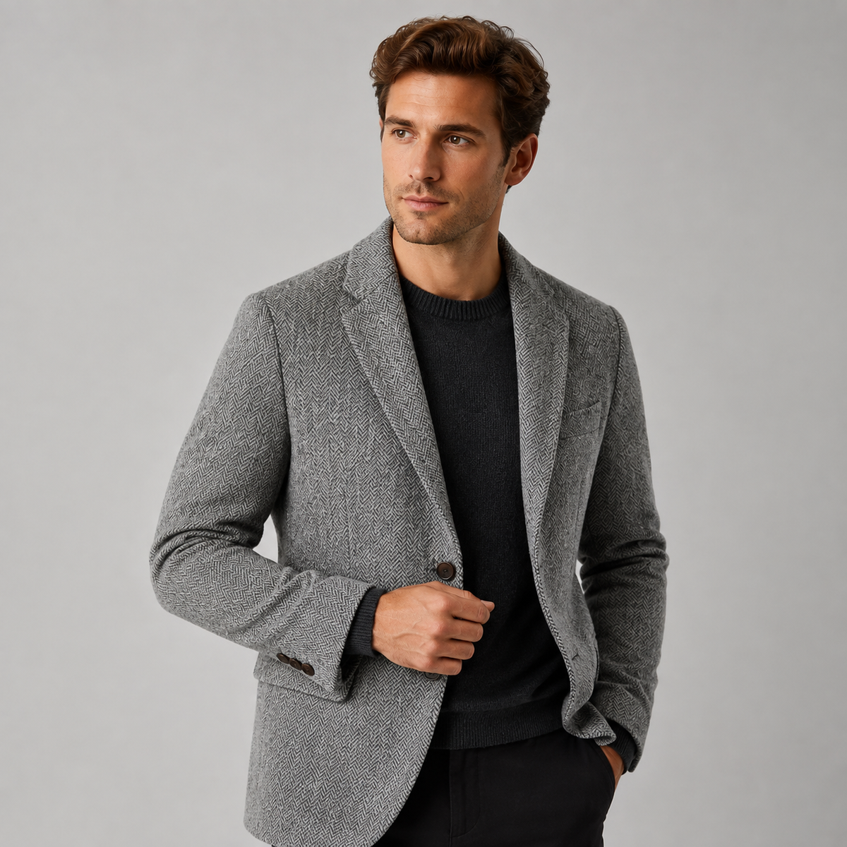 Men's Herringbone Wool Blend Blazer – Two Button, Slim Fit
