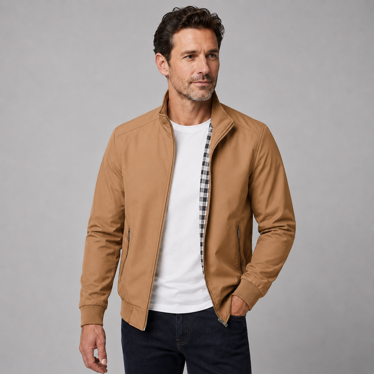 Men's Slim Fit Bomber Jacket – Stand Collar, Checked Lining