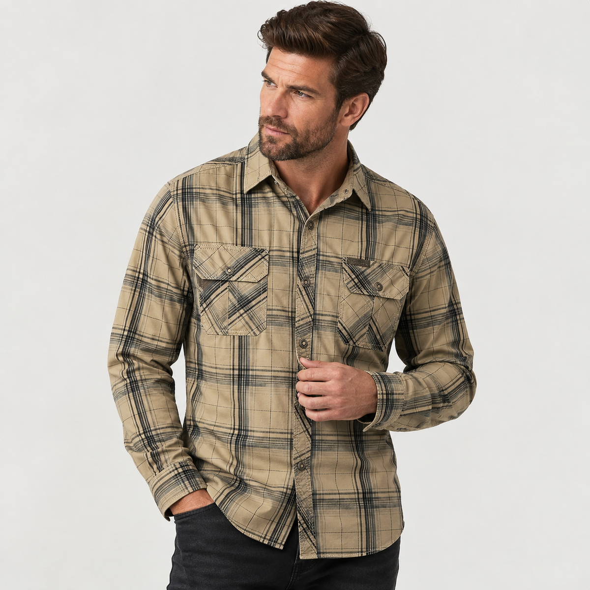 Men's Check Shirt Long Sleeve – Casual Checked Shirt with Two Flap Chest Pockets