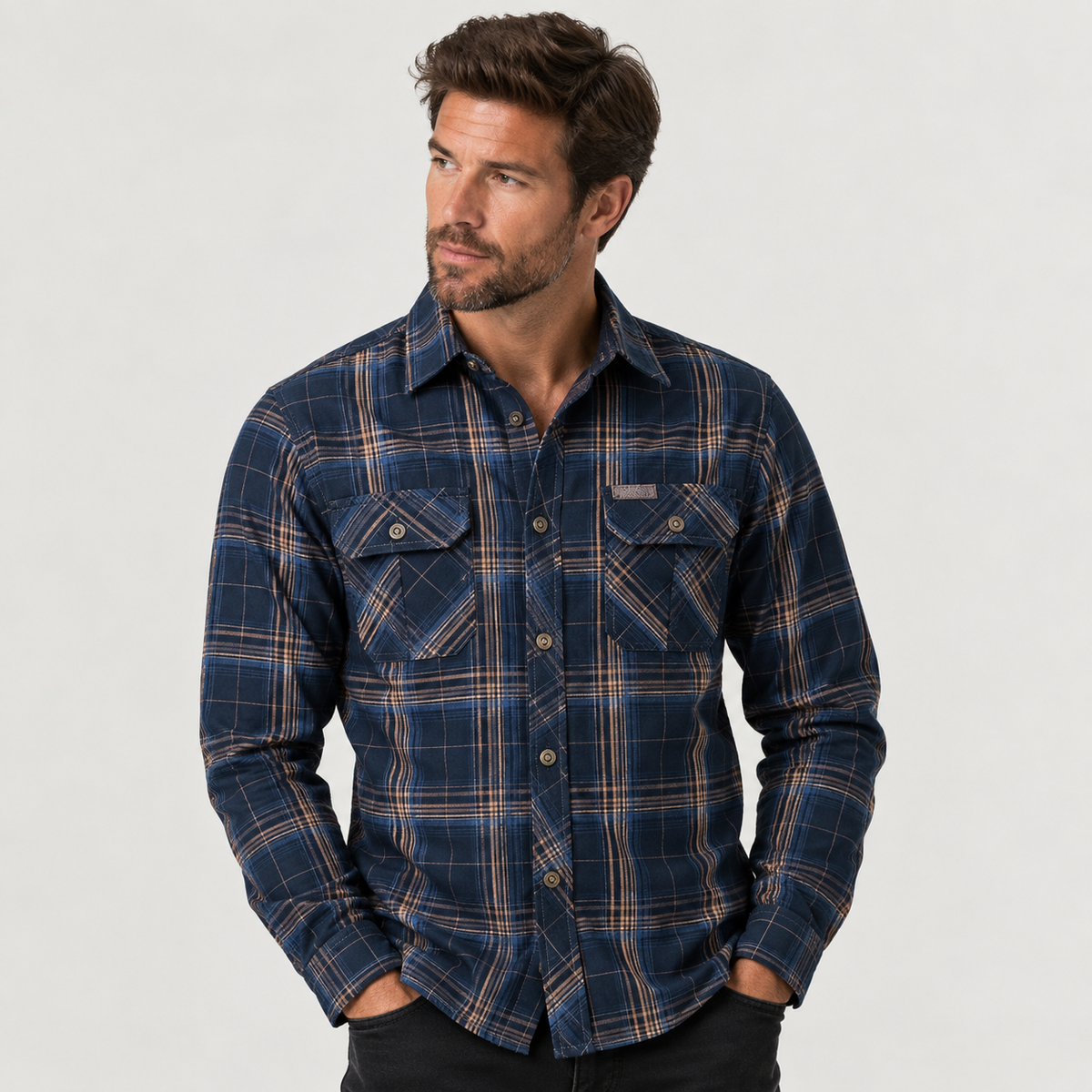 Men's Check Shirt Long Sleeve – Casual Checked Shirt with Two Flap Chest Pockets
