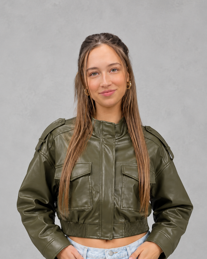 Women's Cropped Faux Leather Bomber Jacket – Front Pockets