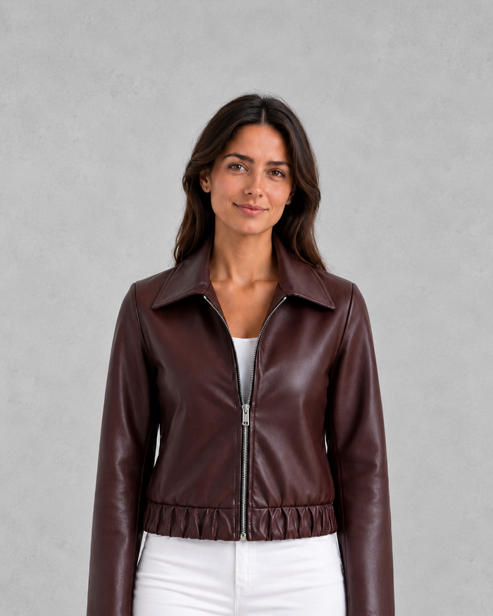Women's Faux Leather Biker Jacket – Wine, Zip Front