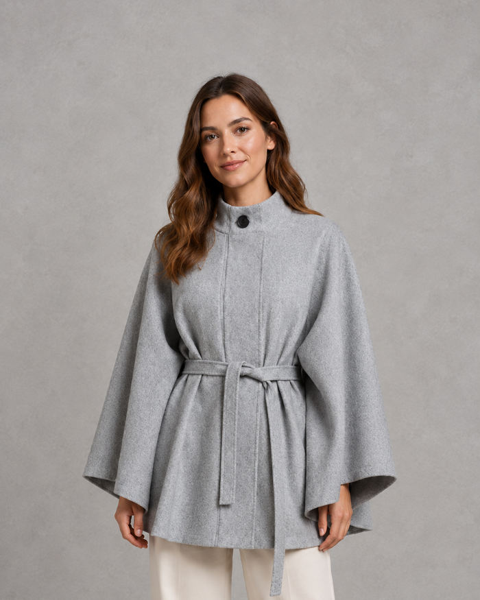 Women's Cape Sleeve Coat – Wool-Look Stand Collar, Slim Fit