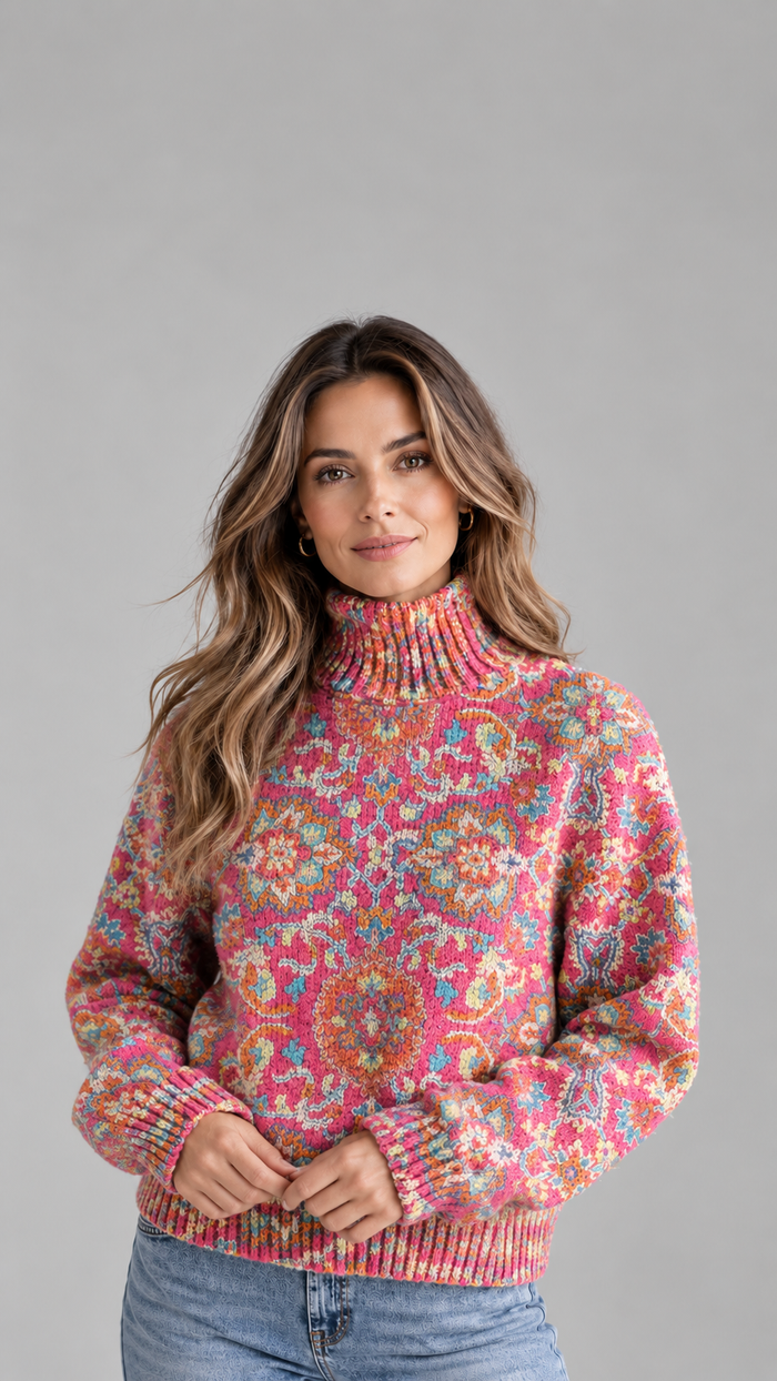 Women's Retro Floral Turtleneck Jumper – Soft Knit