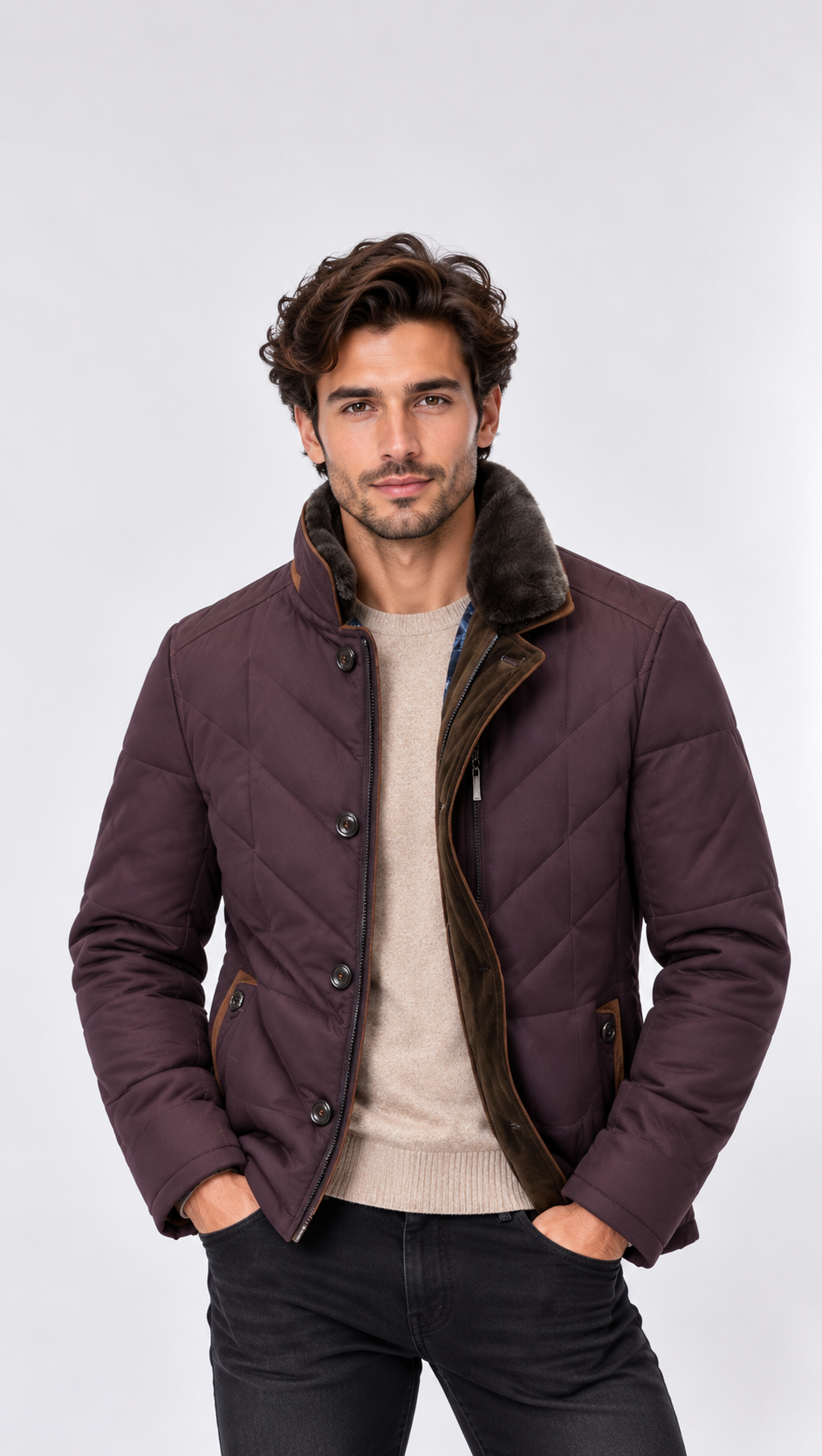 Men's Padded Quilted Jacket – Stand Collar, Slim Tailored Fit