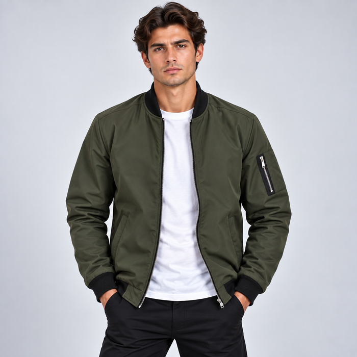 Men's Bomber Jacket – Lightweight Zip Front, Utility Arm Pocket