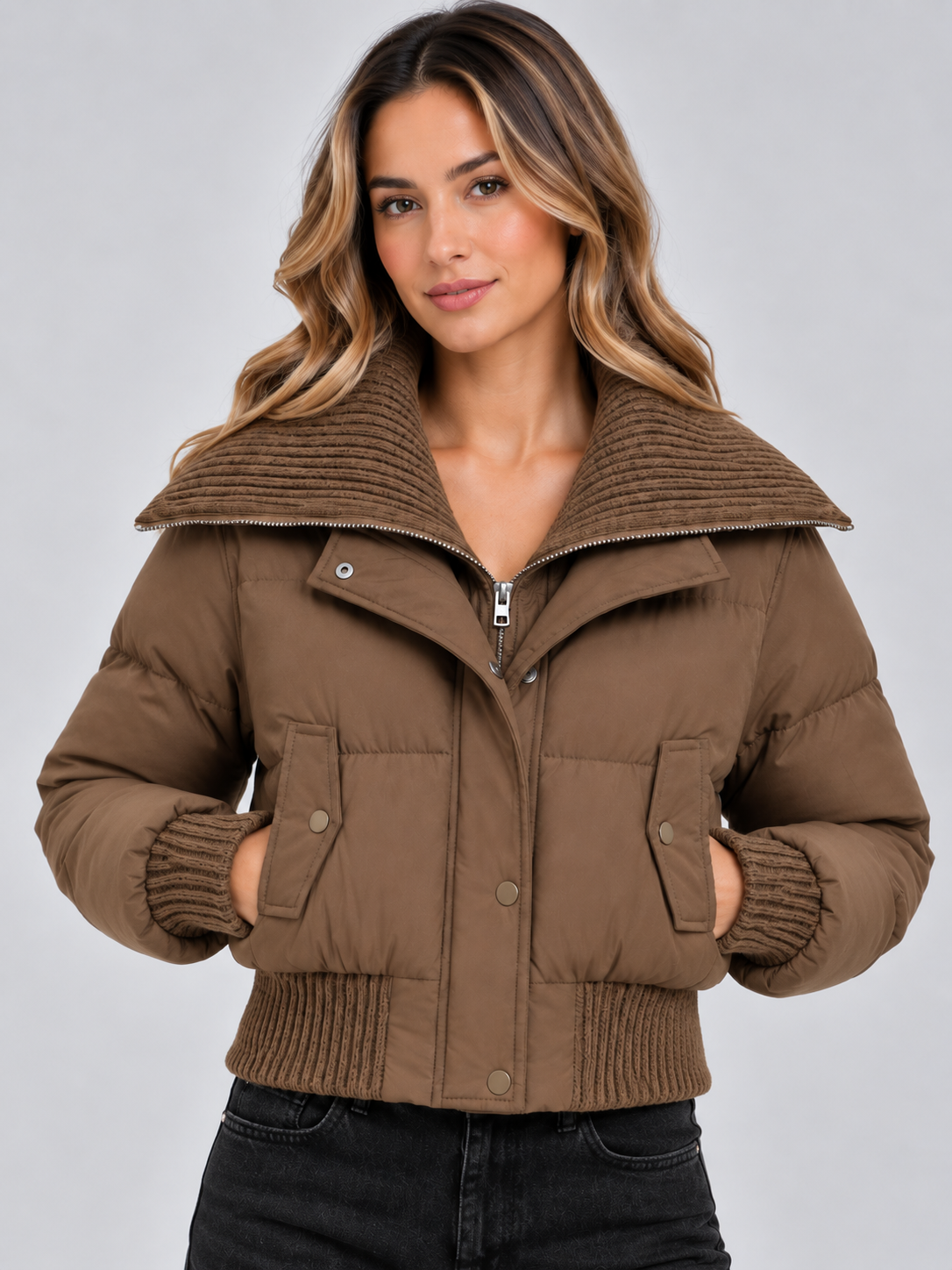 Women's Cropped Puffer Jacket – Ribbed Knit Collar