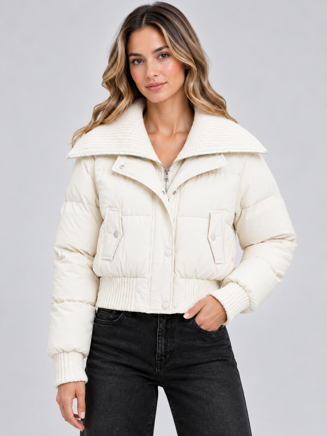 Women's Cropped Puffer Jacket – Ribbed Knit Collar