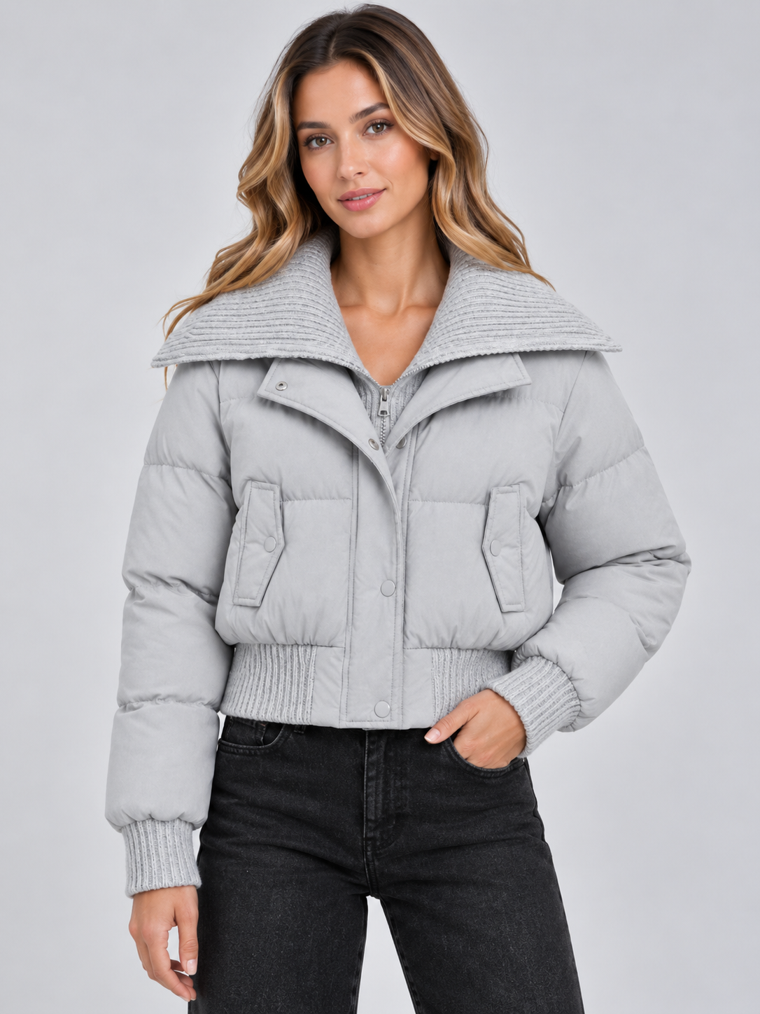 Women's Cropped Puffer Jacket – Ribbed Knit Collar