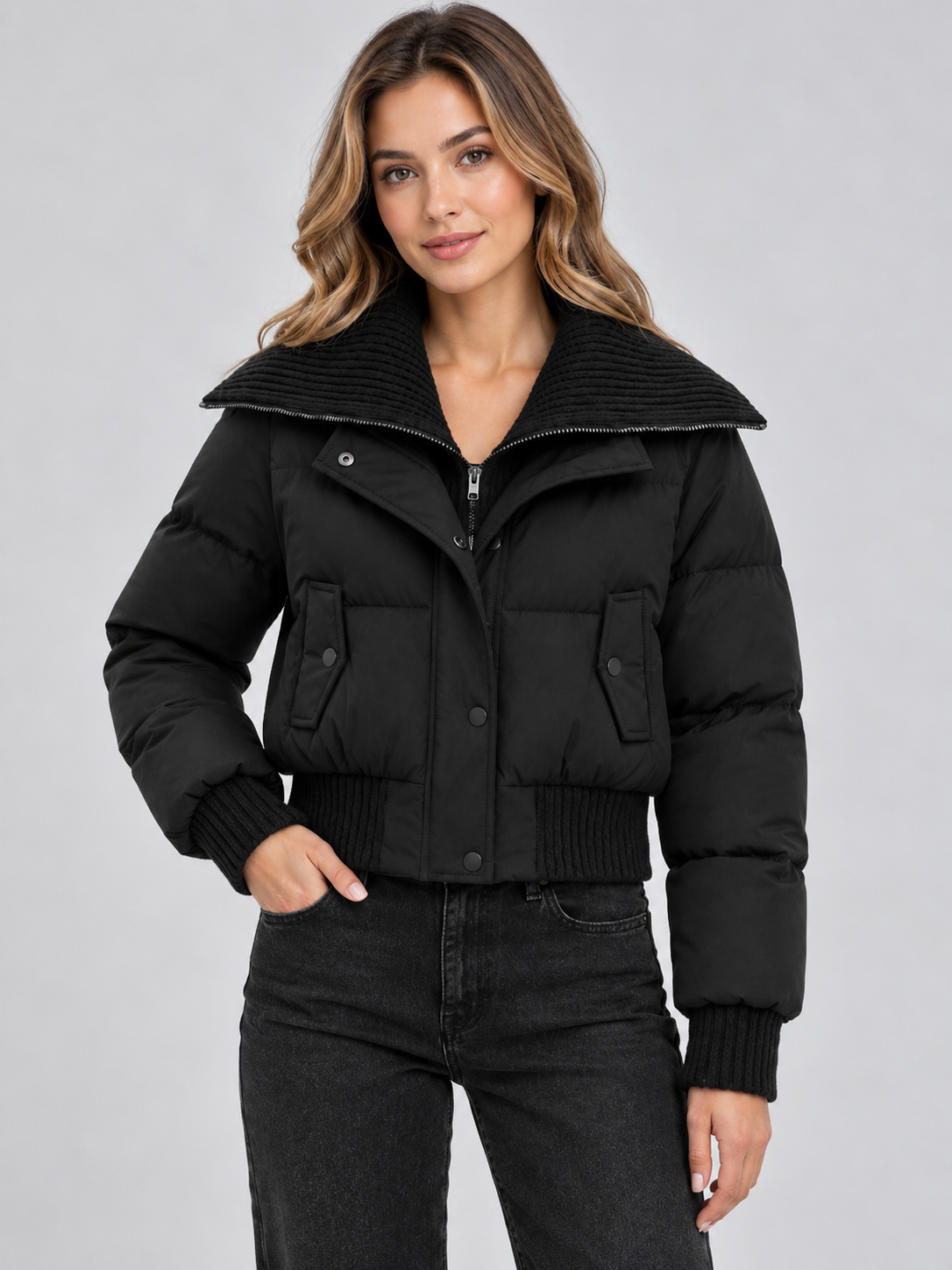 Women's Cropped Puffer Jacket – Ribbed Knit Collar