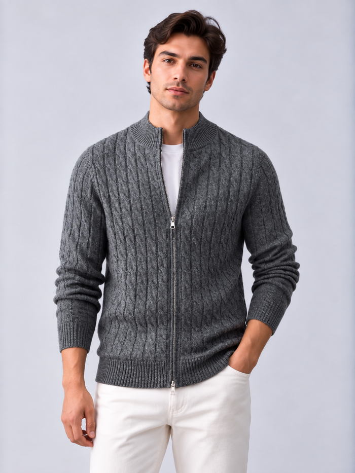 Men's Cable Knit Zip Cardigan – Stand Collar