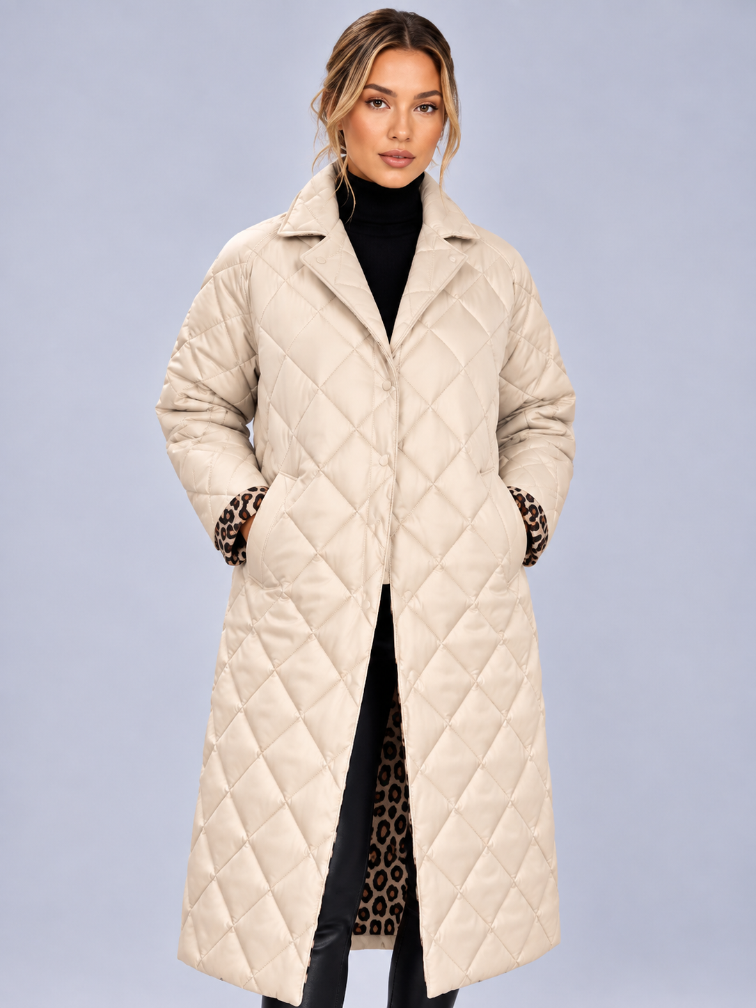Women's Reversible Quilted Coat – Leopard Print Lining, Mid Length