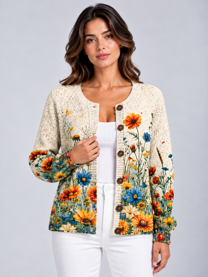 Women's Floral Knit Cardigan – Button Front, Relaxed Fit