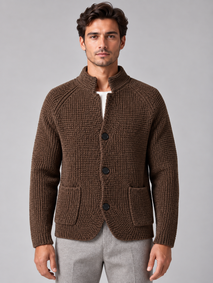 Men's Chunky Knit Cardigan – Stand Collar, Button Front