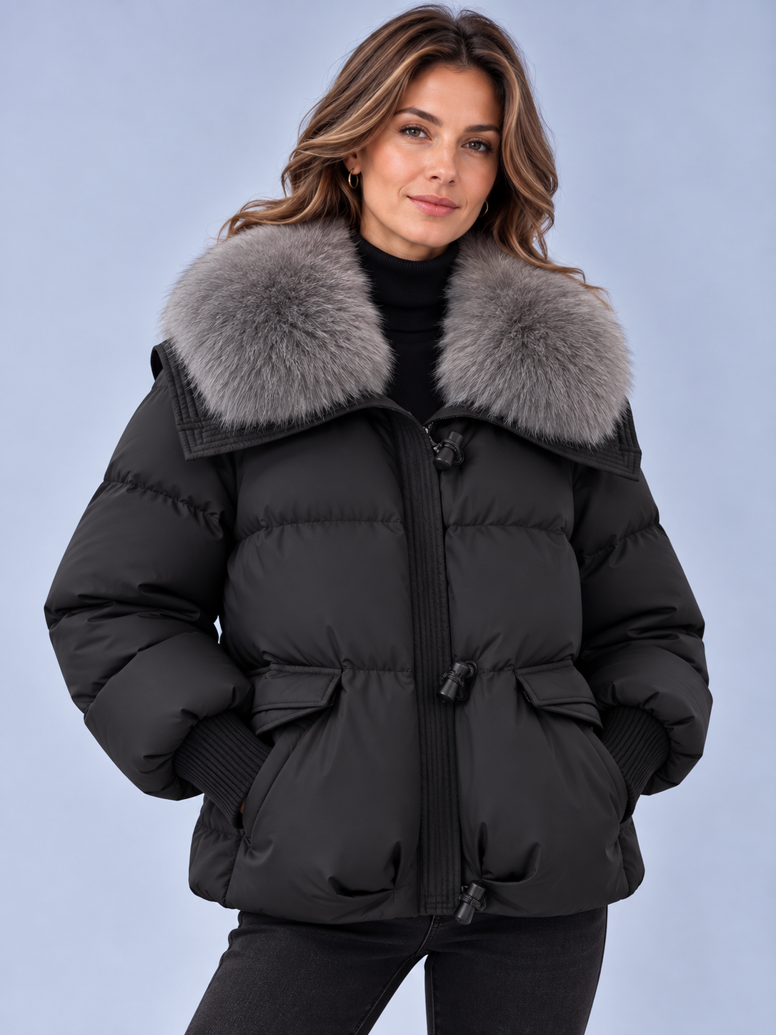 Women's Faux Fur Collar Jacket – Relaxed Fit, Ribbed Cuffs