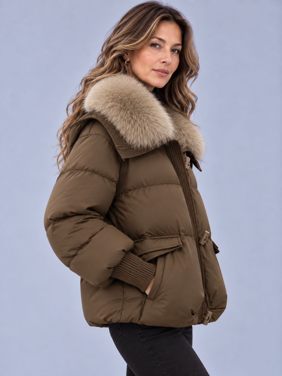 Women's Faux Fur Collar Jacket – Relaxed Fit, Ribbed Cuffs