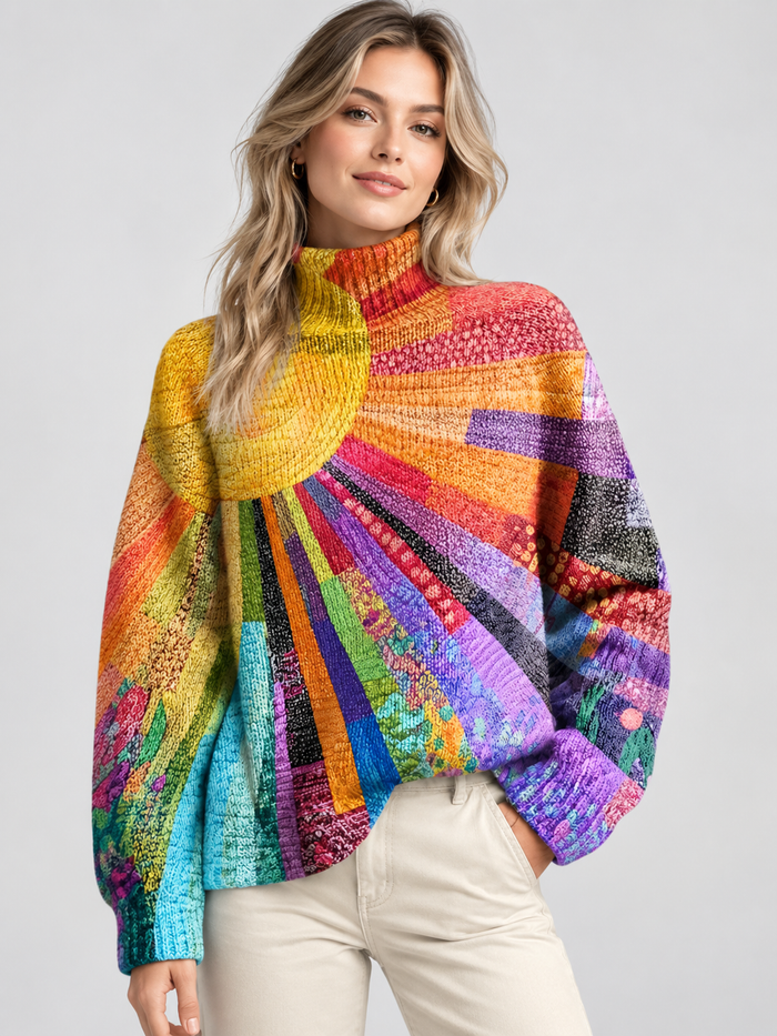 Women's Floral Print Jumper – High Neck, Relaxed Fit