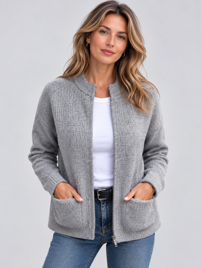 Women's Ribbed Knit Zip Jacket – Stand Collar, Relaxed Fit