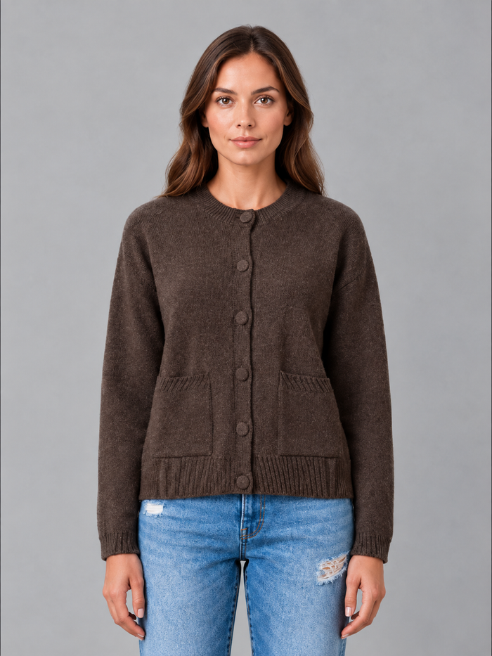 Women's Chunky Knit Cardigan – Round Neck, Relaxed Fit