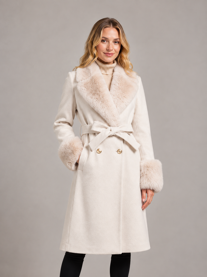 Women's Belted Winter Coat – Fur Trim, Longline