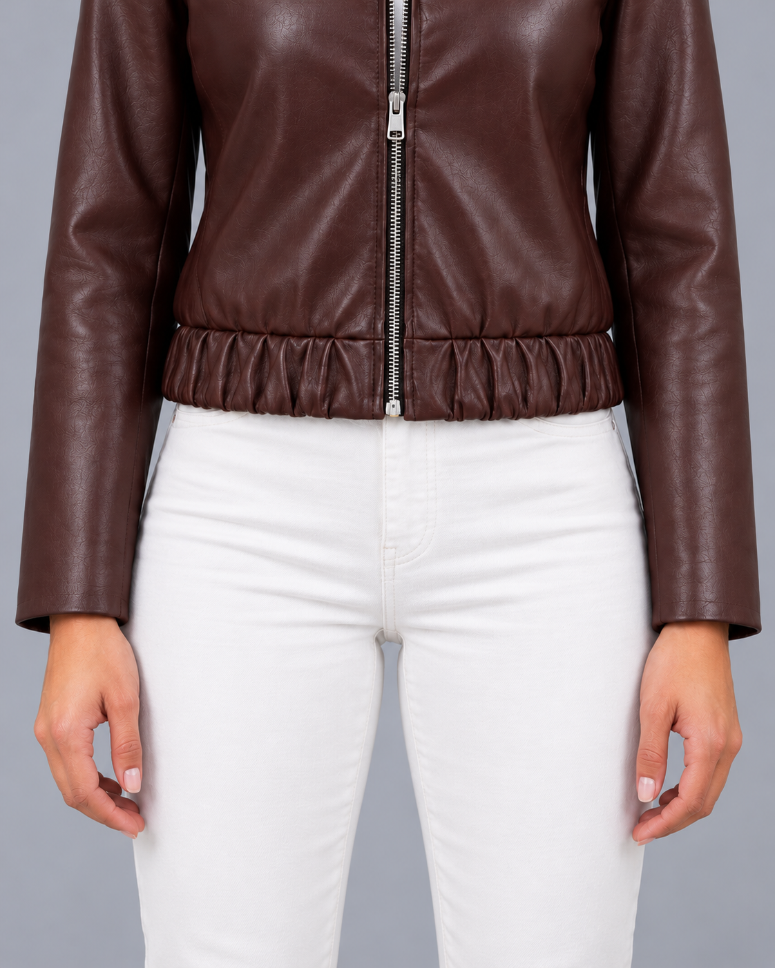 Women's Faux Leather Biker Jacket – Wine, Zip Front