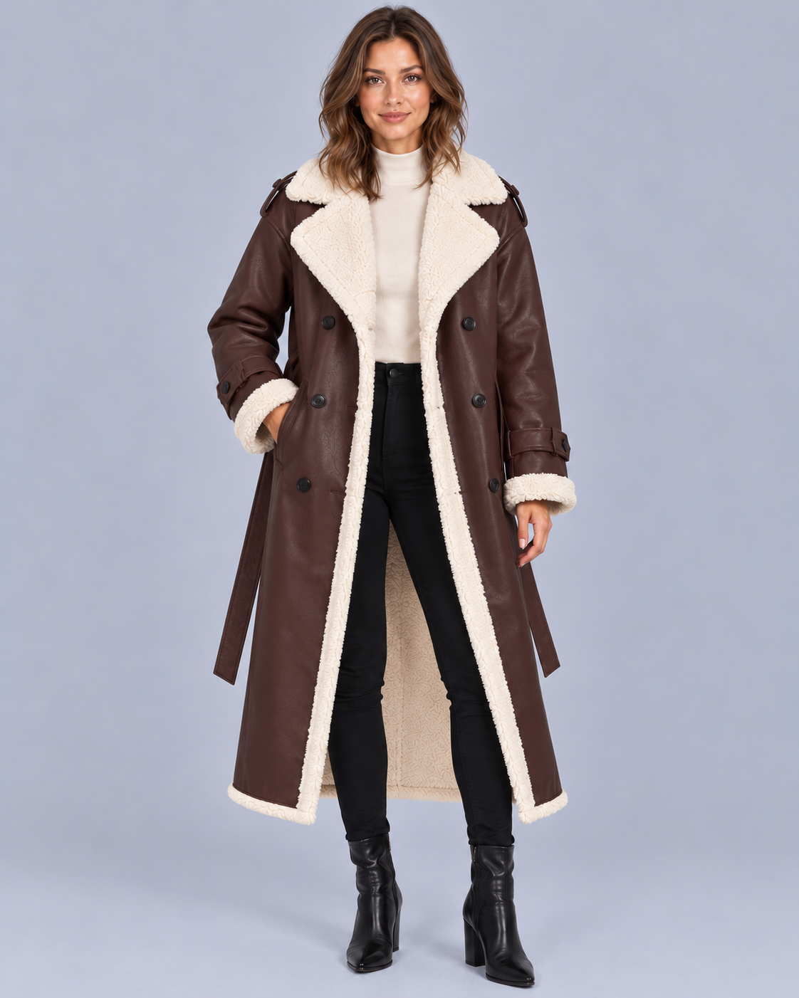 Women's Faux Shearling Longline Coat with Belt